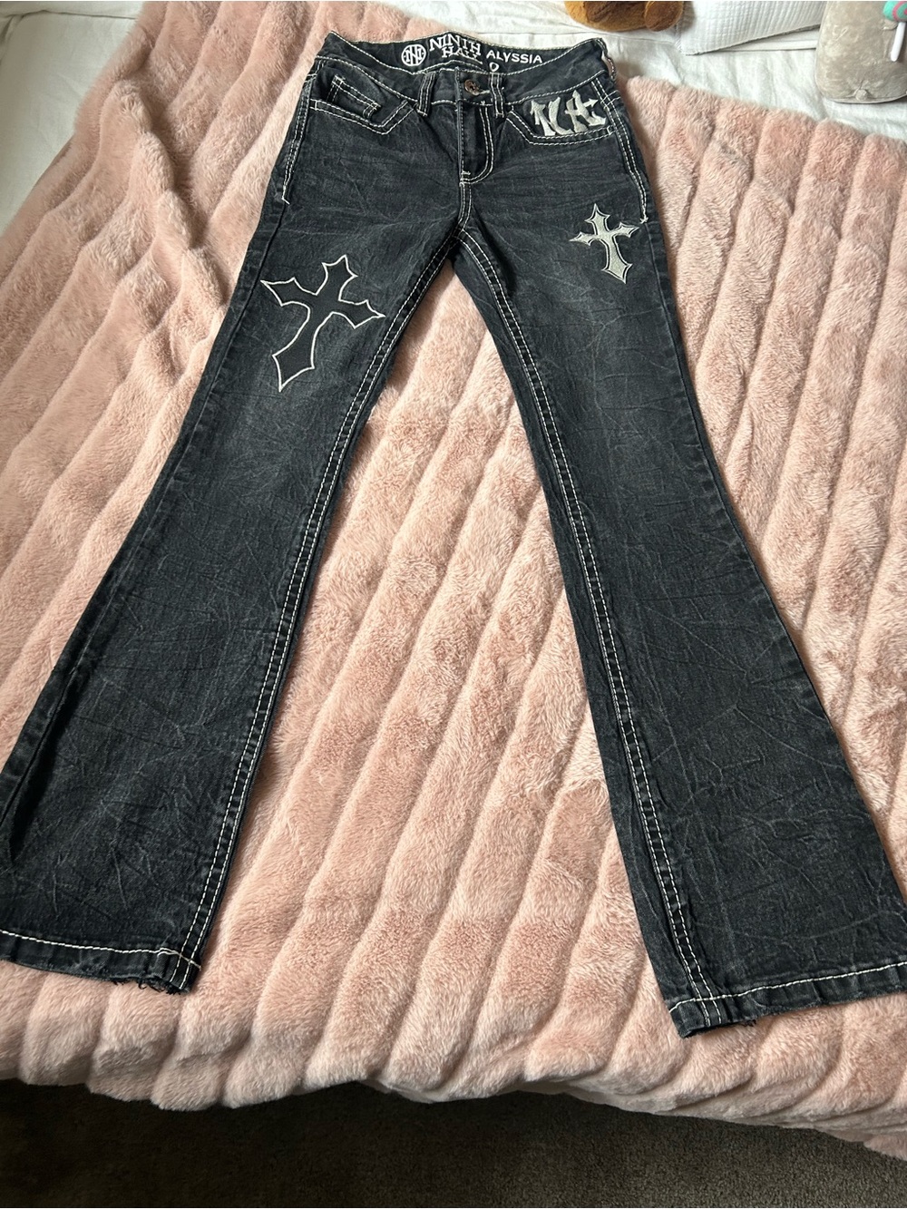 Zumiez Black Flare Jeans with Cross Embroidery